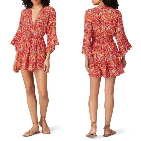 IRO Rhodey Floral Crepe Plunge V-Neck Ruffle Button Up Romper Size 2 EUC - Picture 3 of 16